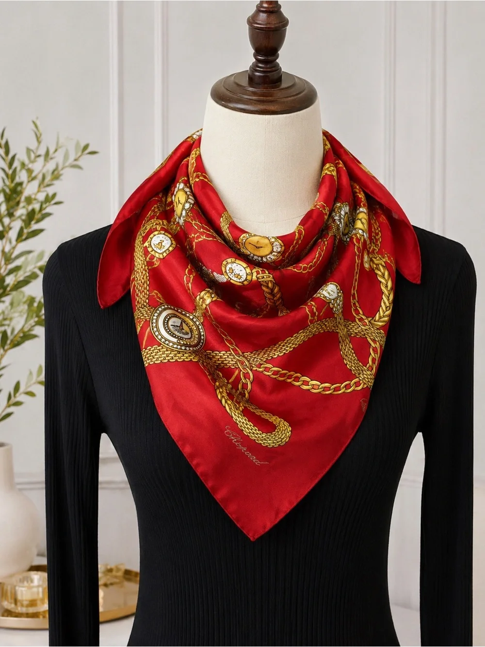 Chopard Silk Scarf Red Gold Chain Jewelry Watch Print Square